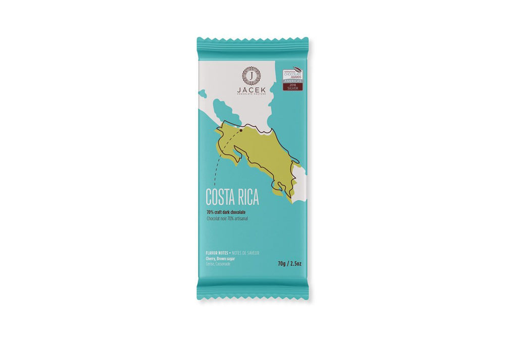 A teal wrapper, designed with an illustrated map of Costa Rica in green. An arrow points to a location on the north, where this origin farm is located.