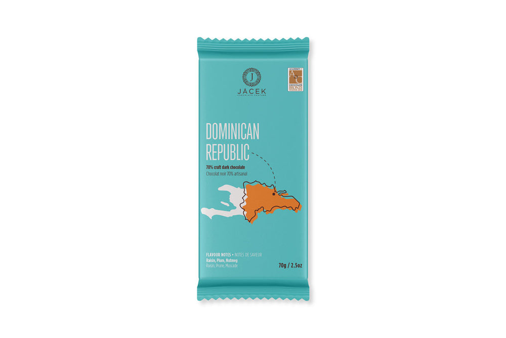 A teal wrapper, designed with an illustrated map of the Dominican Republic in orange. An arrow points to a location on the Eastern coast, where this origin farm is located.