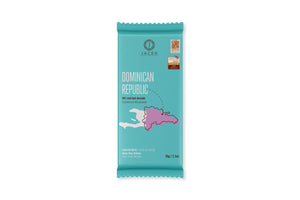 A teal wrapper, designed with an illustrated map of the Dominican Republic in purple. An arrow points to a location on the Eastern coast, where this origin farm is located.
