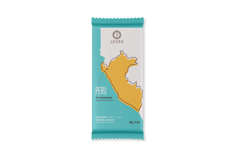 A teal wrapper, designed with an illustrated map of Peru in yellow. An arrow points to a location on the Western coast, where this origin farm is located.
