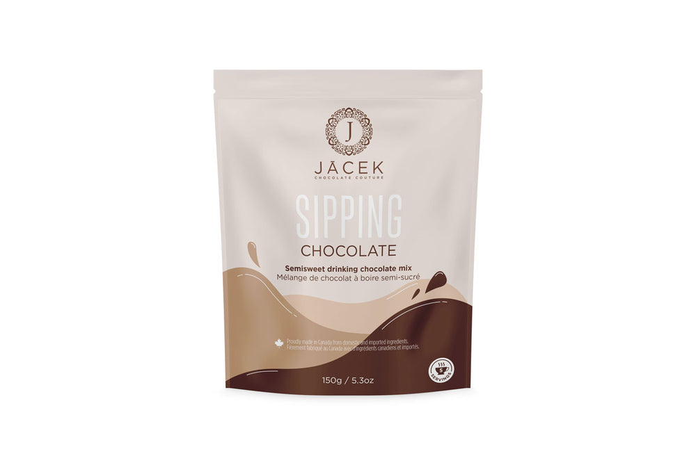 The JACEK sipping chocolate (hot chocolate) mix is packaged in a resealable pouch. The packaging is held in brown colour tones with shapes that mimic moving liquid.